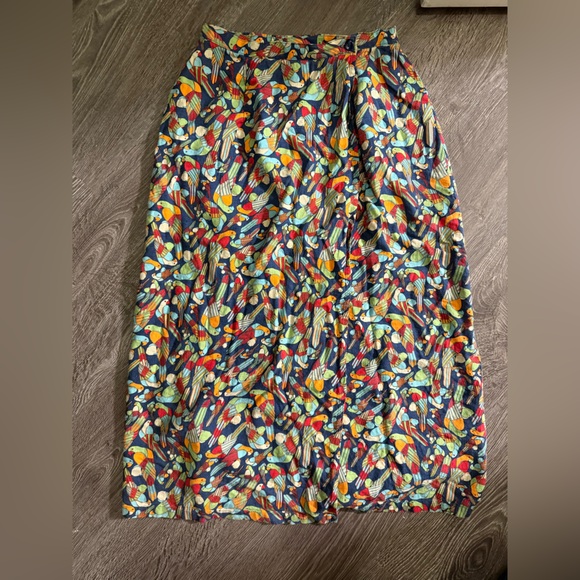 RARE Vintage 90's Terry Lewis Parrot Print Linen Blend Midi Skirt